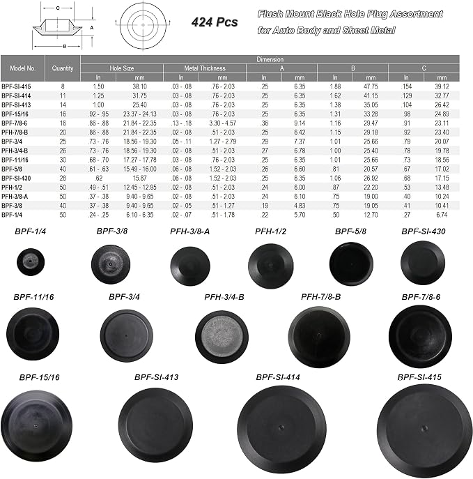 424pcs Flush Mount Black Plastic Hole Plug Assortment - Image 2
