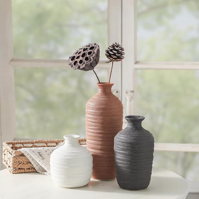 Dobbyby Ceramic Vase Set of 3 Neutral Decorative Vase - Image 5