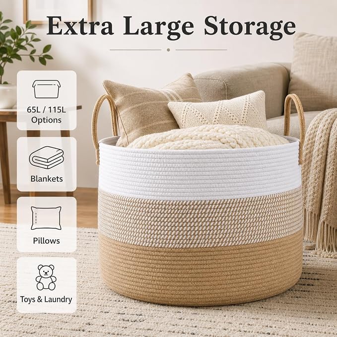 JMvicyroam 65L Extra Large Machine Washable Cotton Rope Blanket Basket | - Image 2