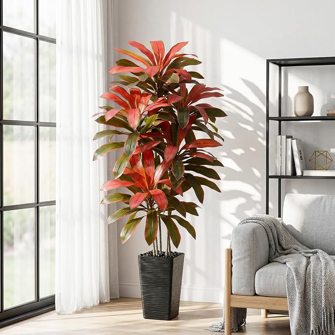 Artificial Dracaena Tree: 5FT Fake Plants Silk Faux Trees（Black Pot） | - Image 9