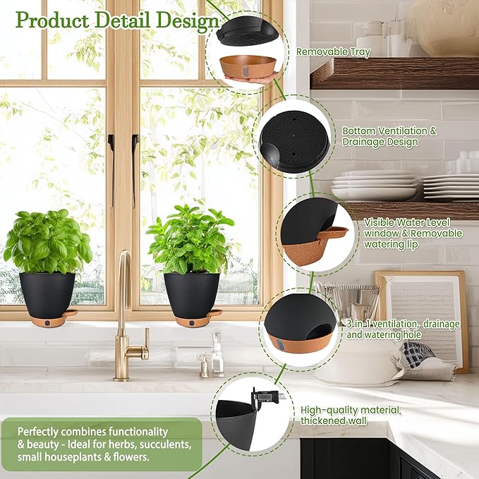 6" Self Watering Pots for Indoor Plants, Small Plastic Planters | Water Level - Image 6