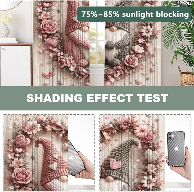 Knitted Gnomes Floral Heart Window Curtains 2 Panels Set, 52 X 84 Inch - Image 5