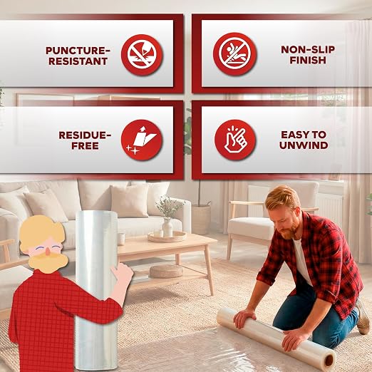 XFasten Carpet Protection Film Self Adhesive, 24 Inch x 200 Feet 3 Mil Clear - Image 2