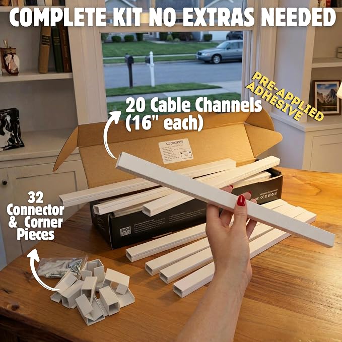 Cord Cover Full Kit, 26ft/315in Self-Adhesive Cable Raceway, 20 Snap-On Channels - Image 2