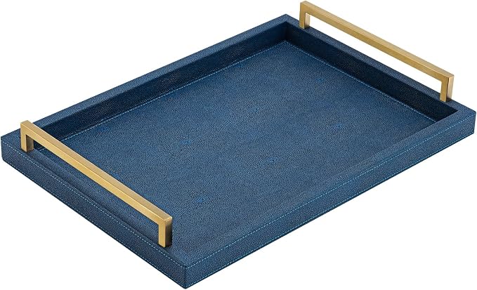 XIGEXIGE Navy Blue Decorative Serving Tray, Shagreen Leather Coffee Table Tray - Image 2
