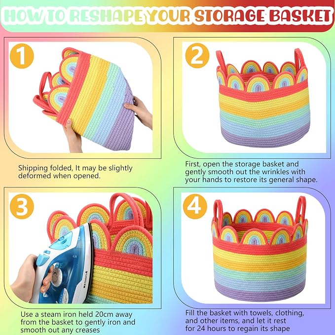 LemonRoad Round Woven Basket Bright Rainbow, Cotton Rope Scalloped Edge Tassels - Image 3