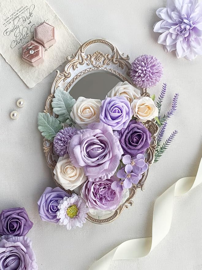 FACINOC Roses Artificial Flowers Purple Bouquets Mix Silk Dahlia - Image 5