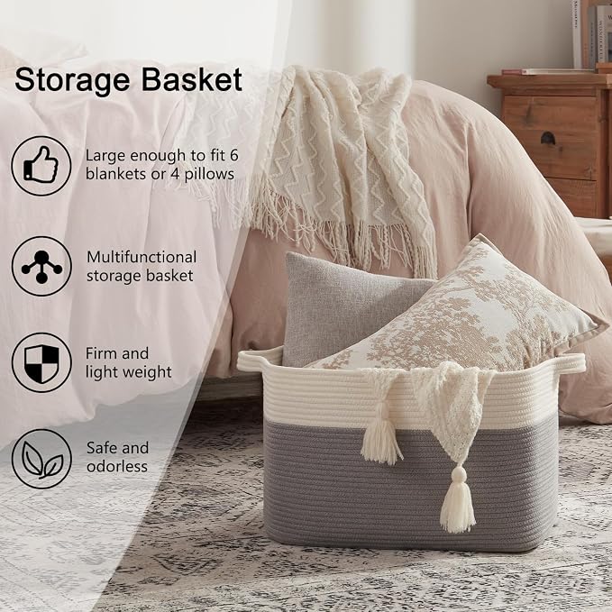 OIAHOMY Large Blanket Basket, 65L Cotton Rope Woven Laundry Basket, Toy Bin - Image 6