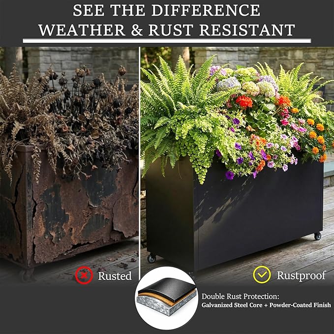 Metal Planter Box with Wheels, Rectangular Planter Raised Garden Bed - Image 5