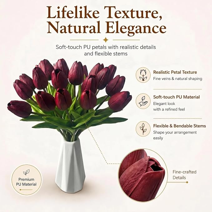 Mandy's 20pcs Artificial Burgundy Tulips | 13.5 Inch Lifelike PU Tulips Faux - Image 2