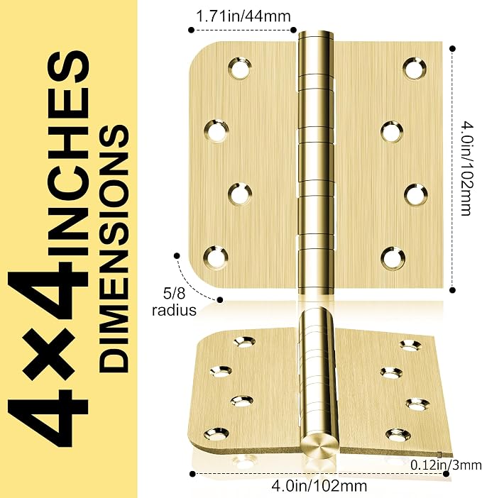 6 Pack 4 Inch Heavy Duty Door Hinges, Stainless Steel, Square and 5/8'' Radius - Image 2