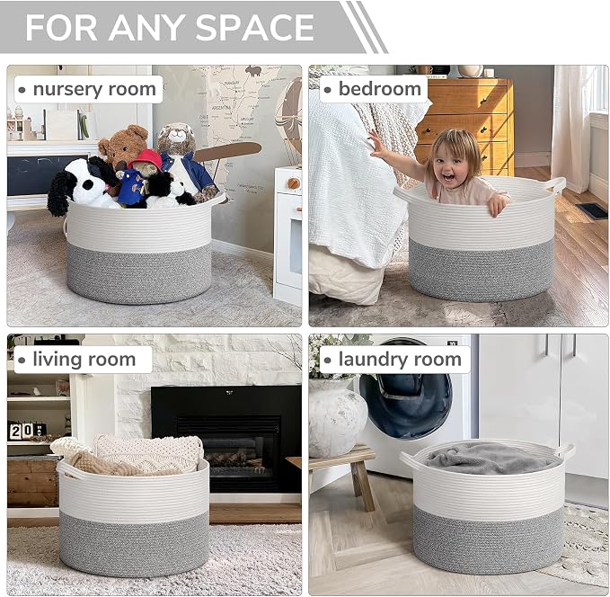INDRESSME Large Woven Rope Blanket Basket Living Room Light Grey, 65L | 19.7" x - Image 4