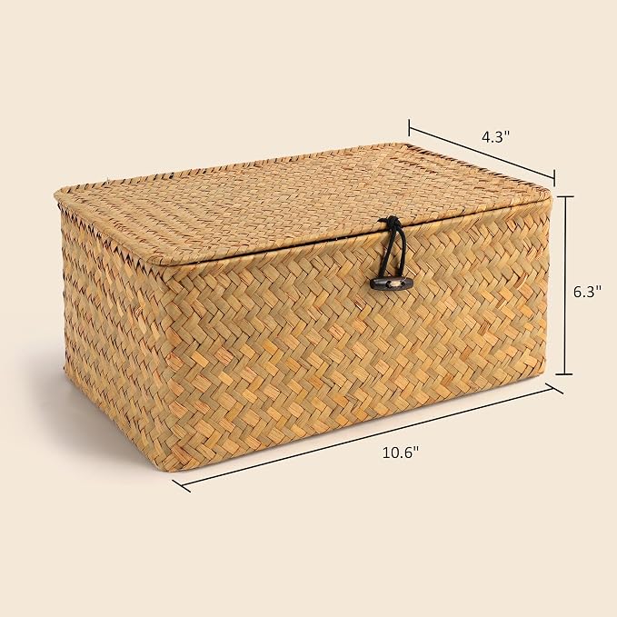 Nonam Small Wicker Basket with Lid, Seagrass Shelf Storage Basket, Natural | - Image 3