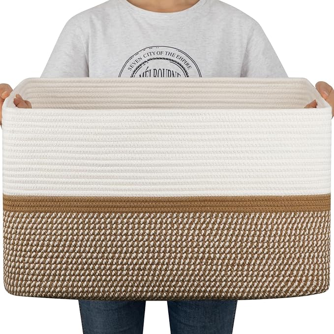 OIAHOMY Blanket Basket Laundry Basket Dog Toy Basket 75L Yellow/White | Large by MasterofSpaceOptimization