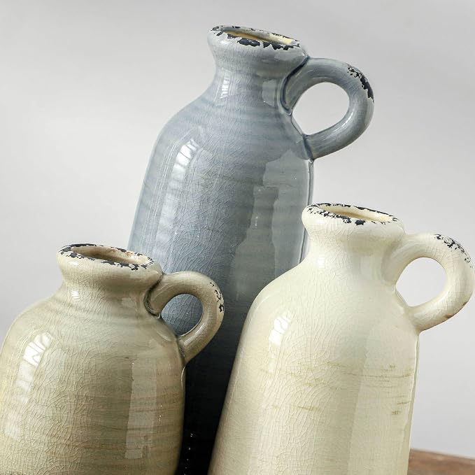 Ceramic Vases Set of 3, Neutral Rustic Farmhouse Vase - Image 3