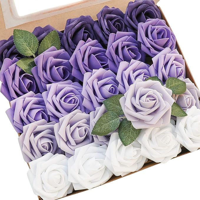 Artificial Flowers 25pcs Real Looking Violet Purple Ombre Colors Foam Fake Roses by Floroom