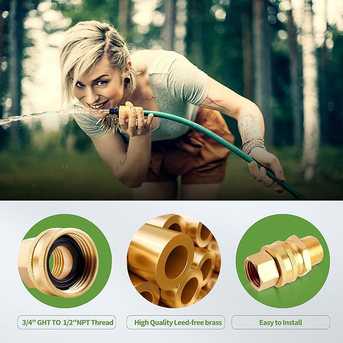 (2 Pack Lead-Free Metal Brass Garden Hose Threaded 3/4" GHT to 1/2" NPT Fitting - Image 6