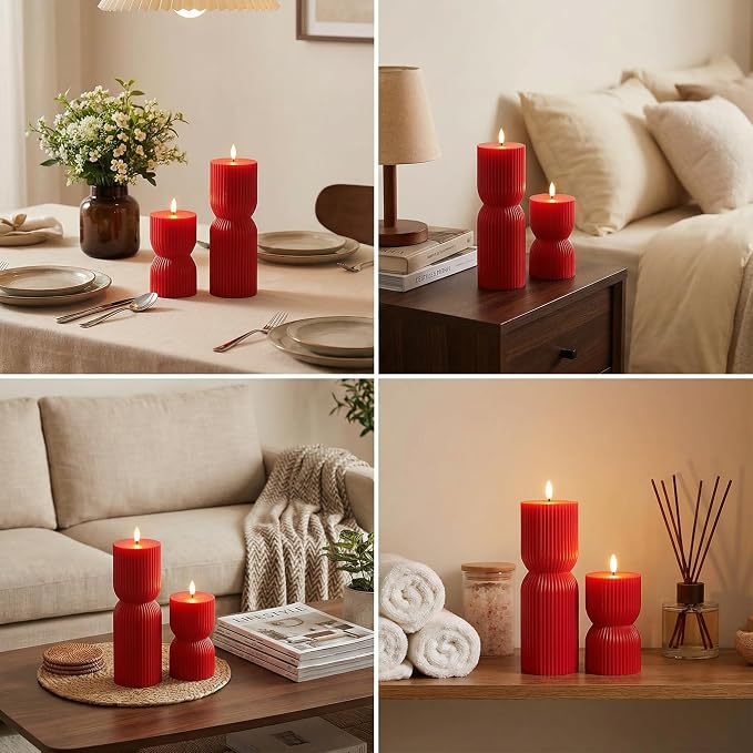 Red Ribbed Flameless Pillar Candles - Image 8