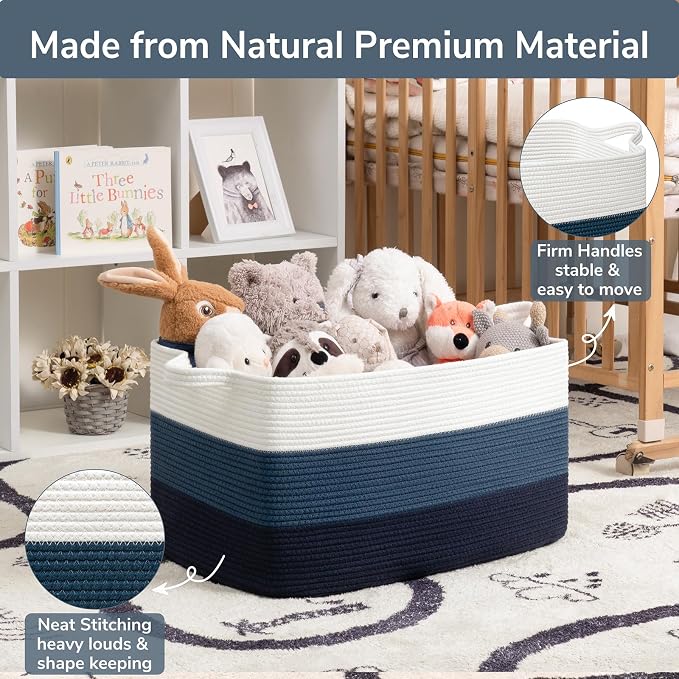 Goodpick Large Woven Rope Blanket Basket, Light Blue | 21.6'' x 14.9'' x 11.8'' - Image 6