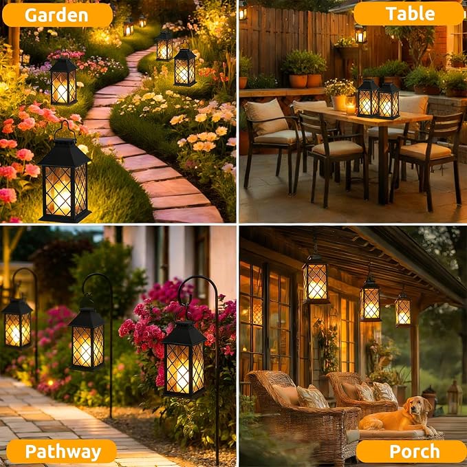 2 Pack 14" Large Tempered Glass Solar Lanterns Outdoor Waterproof | Black retro - Image 7