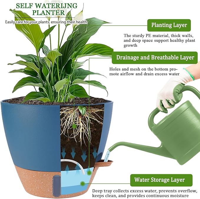 12/10/8 inch Plant Pots, Large Plastic Self Watering Planters | Drainage Holes - Image 4