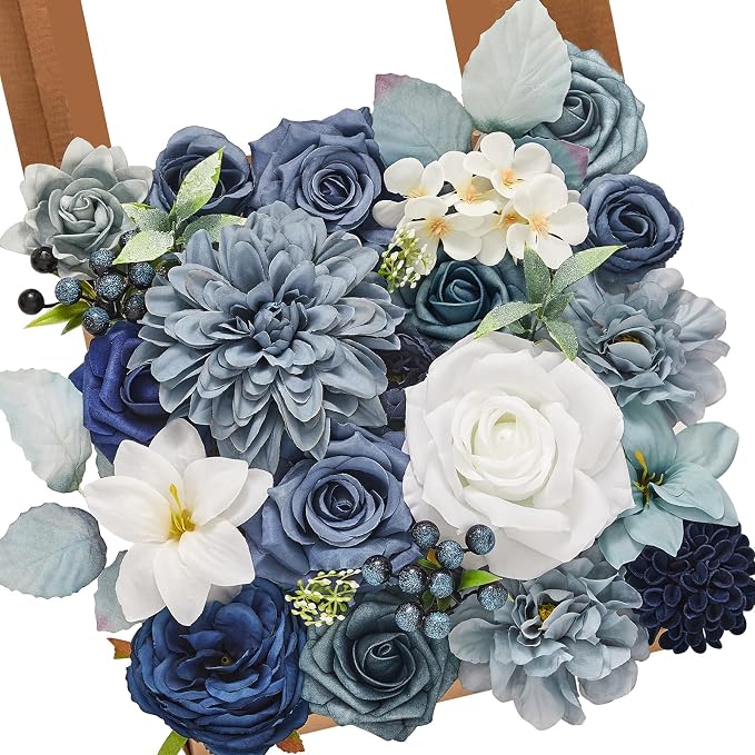 Alecono Dusty Blue Artificial Flowers, Silk Fake Roses Floral Set | by AleconoBetterYourLife