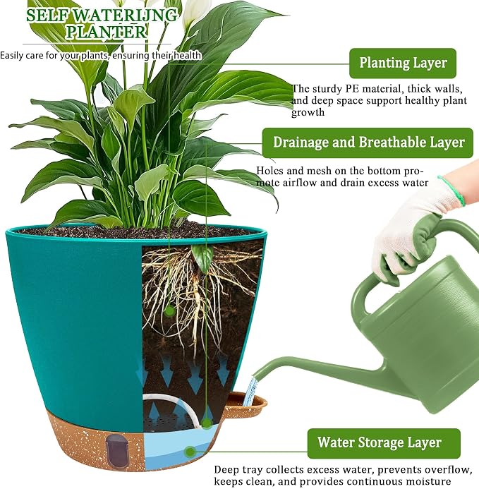 2 Pack 8 inch Plant Pots, Plastic Self Watering Planters | Drainage Holes - Image 5