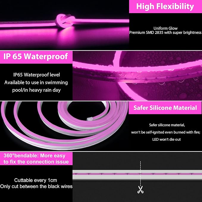 Lamomo LED Neon Flex, 16.4ft/5m Pink Neon Light Strip, 12V Flexible Waterproof - Image 3