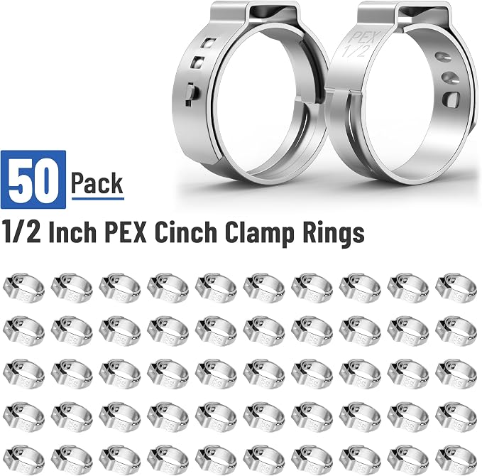 Bates- 1/2" PEX Cinch Clamp Rings, 50 Pack, Stainless Steel, PEX Pipe Clamps - Image 2