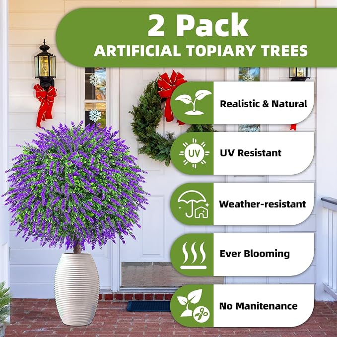 27.5" Artificial Lavender Boxwood Topiary Ball Trees, UV Resistant Faux - Image 2
