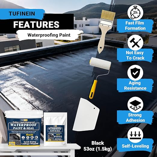 Rubber Liquid Waterproof Sealant, TUFINEIN 53oz/1.5kg Black Quick Drying Multi - Image 3