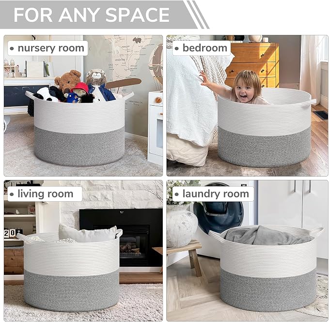 INDRESSME 115L Extra Large Woven Rope Blanket Basket Living Room Light Grey | - Image 4