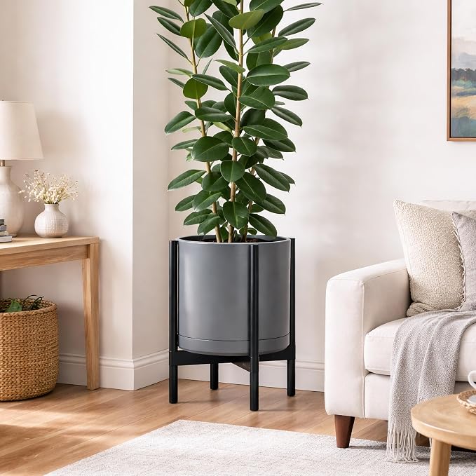 D'vine Dev Ceramic Pot with Ebony Wood Stand, 14 in, 55-B-S-3 | Mid-Century - Image 4