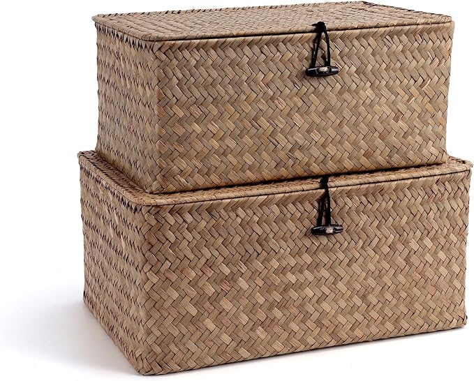 Nonam Storage Basket with Lid, Natural Seagrass Bin with Lid Set of 2, Shelf by Home
