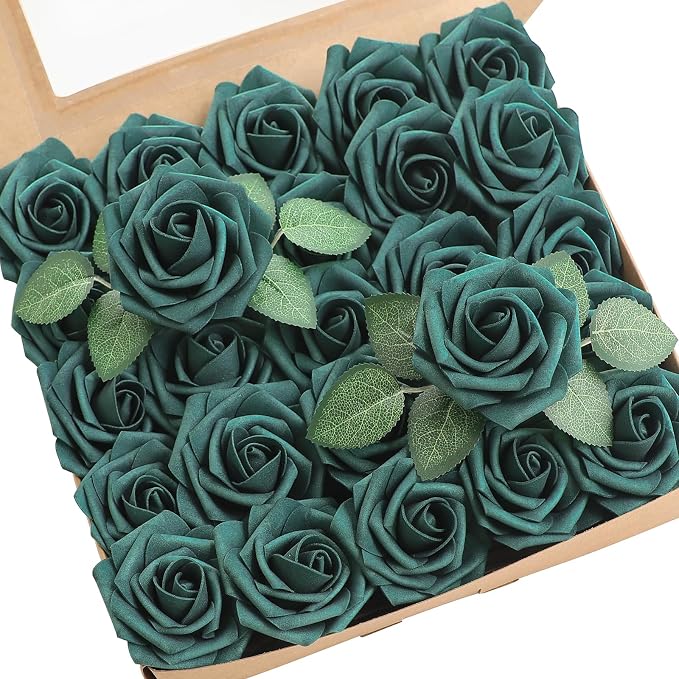 Artificial Flowers 25pcs Real Looking Peacock Green Foam Fake Roses by Floroom