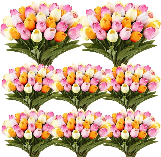 Janinka 120pcs Artificial Tulip Flowers Fake PU Tulips Faux Latex Bouquet by Janinka