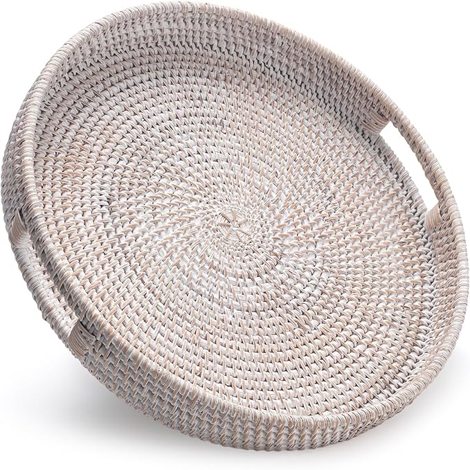 13.8 inch Round Rattan Tray, Decorative Coffee Table Tray, Ottoman Tray by YANGQIHOME