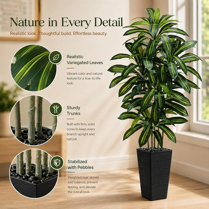 Artificial Dracaena Tree: 6FT Fake Plants Silk Faux Trees（Black Pot） | - Image 5