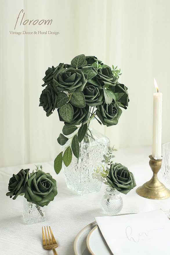 Artificial Flowers 25pcs Real Looking Emerald Green Foam Fake Roses - Image 2