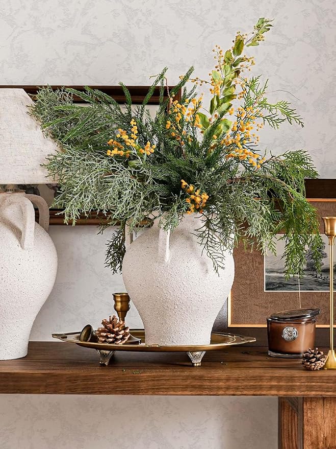 White Ceramic Vase with 4 Handles, 8.8 Inch, Farmhouse Rustic | Decorative - Image 2