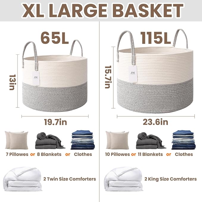 JMvicyroam 65L Extra Large Machine Washable Cotton Rope Blanket Basket | - Image 2