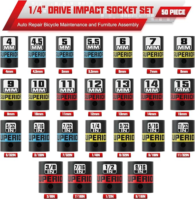 50 Piece 1/4" Drive Impact Socket Set, SAE & Metric, Deep and Shallow Sockets - Image 3