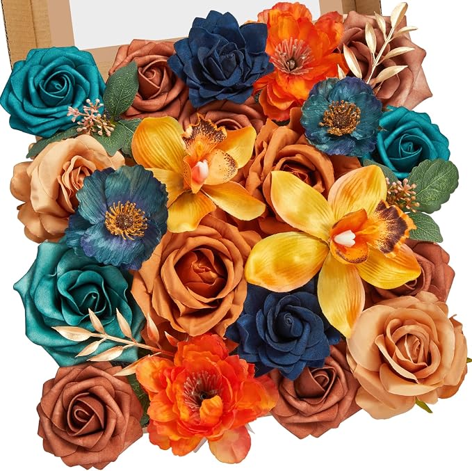Serwalin Fall Flowers Teal Burnt Orange Artificial Flowers by Serwalin