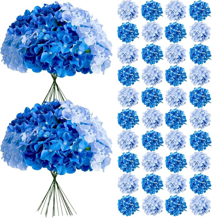 65Pcs Mixed Blue Hydrangea Artificial Flowers Bulk，Realistic Silk Fake Flowers by Cherica