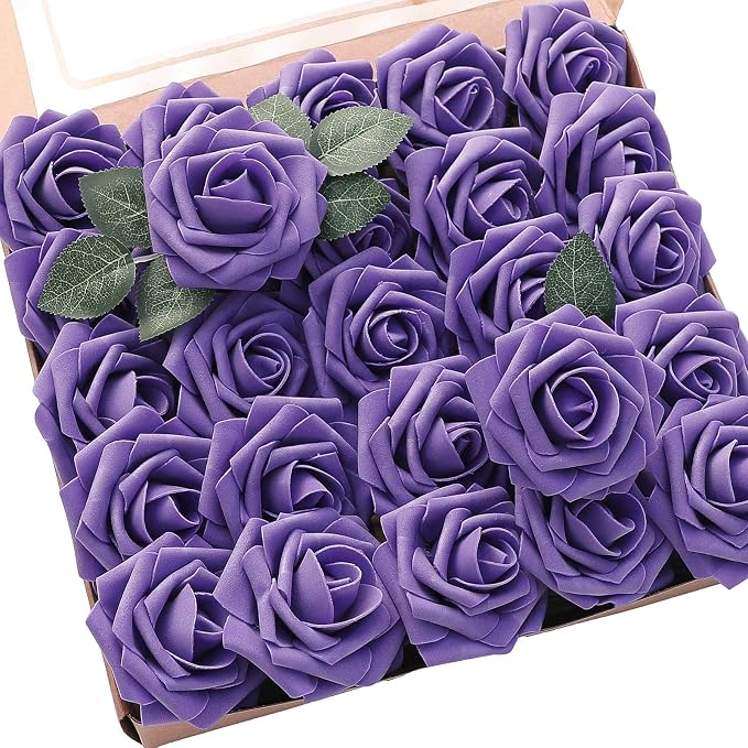 Artificial Flowers 25pcs Real Looking Violet Purple Foam Fake Roses by Floroom