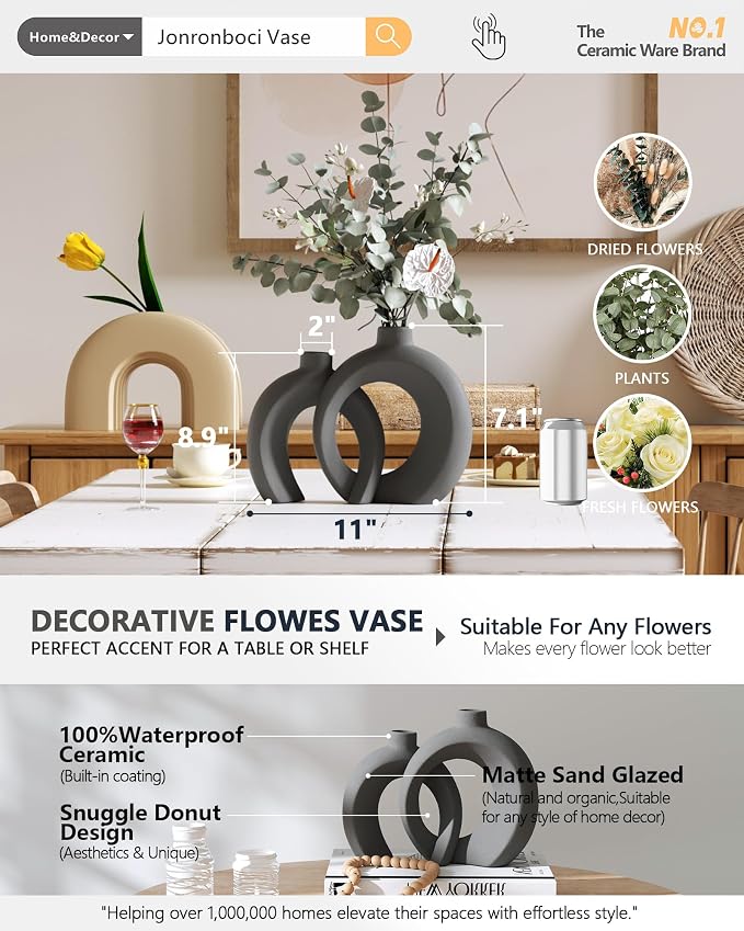 Set of 2 Gray Ceramic Vases for Home Decor Accents - Image 2