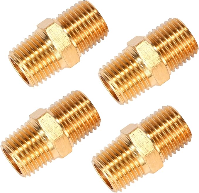 4 pcs Solid Brass Pipe Fitting, Hex Nipple, 1/4" x 1/4" NPT Male Pipe Adapter | - Image 4