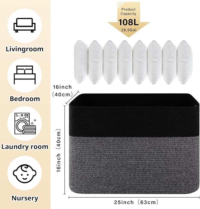 OIAHOMY 108L Extra Large Blanket Basket Dog Toy Basket Grey/Black | Rectangle - Image 3