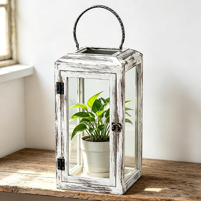 16" High Wooden Lantern Made of Solid Firwood in Whitewash - Image 5
