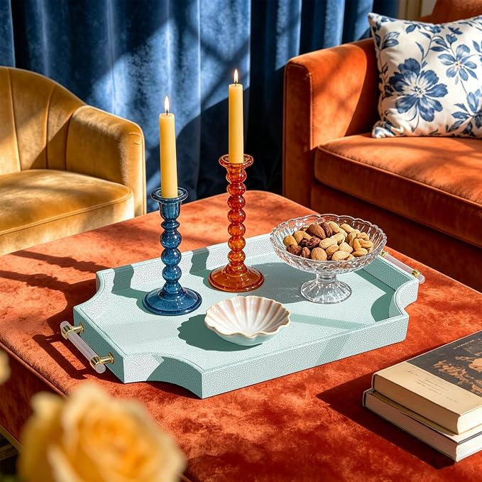 22.6'' × 13'' Coffee Table Tray Shagreen Scalloped Decorative Ottoman Tray | - Image 3